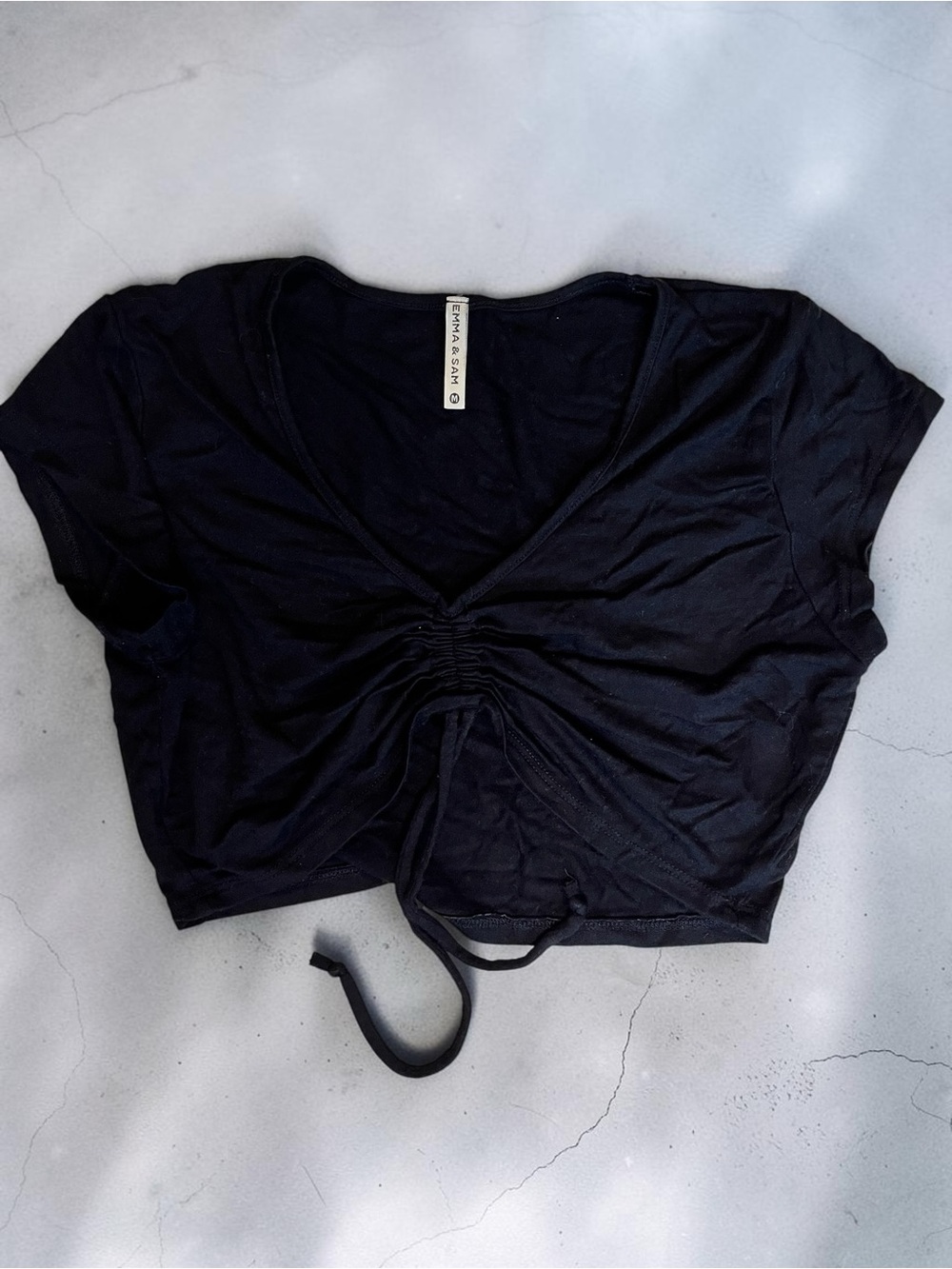 Emma & Sam Black Ruched Drawstring Crop Top